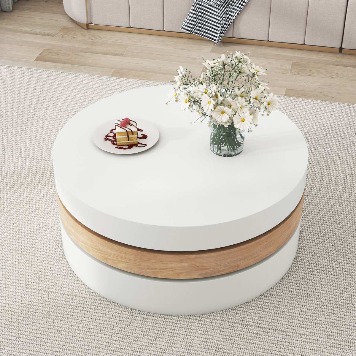 STILVORA Salontafel - Ronde 360 Graden Draaibare Tafel Met Opbergruimte - Uitschuifbaar Voor Woonkamer - Hout - 60x60x35,1 Cm - Wit;Naturel