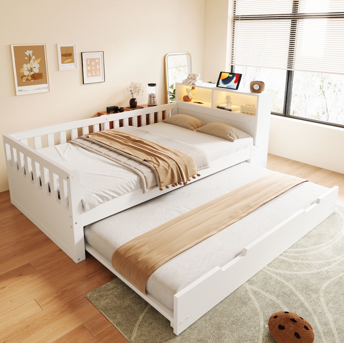 STILVORA Bed 90x200 cm – Eenpersoonsbed Met Uitschuifbed En LED-Oplaadfunctie – Hoofdbord Met Opbergruimte – Hout – Wit – Zonder Matras