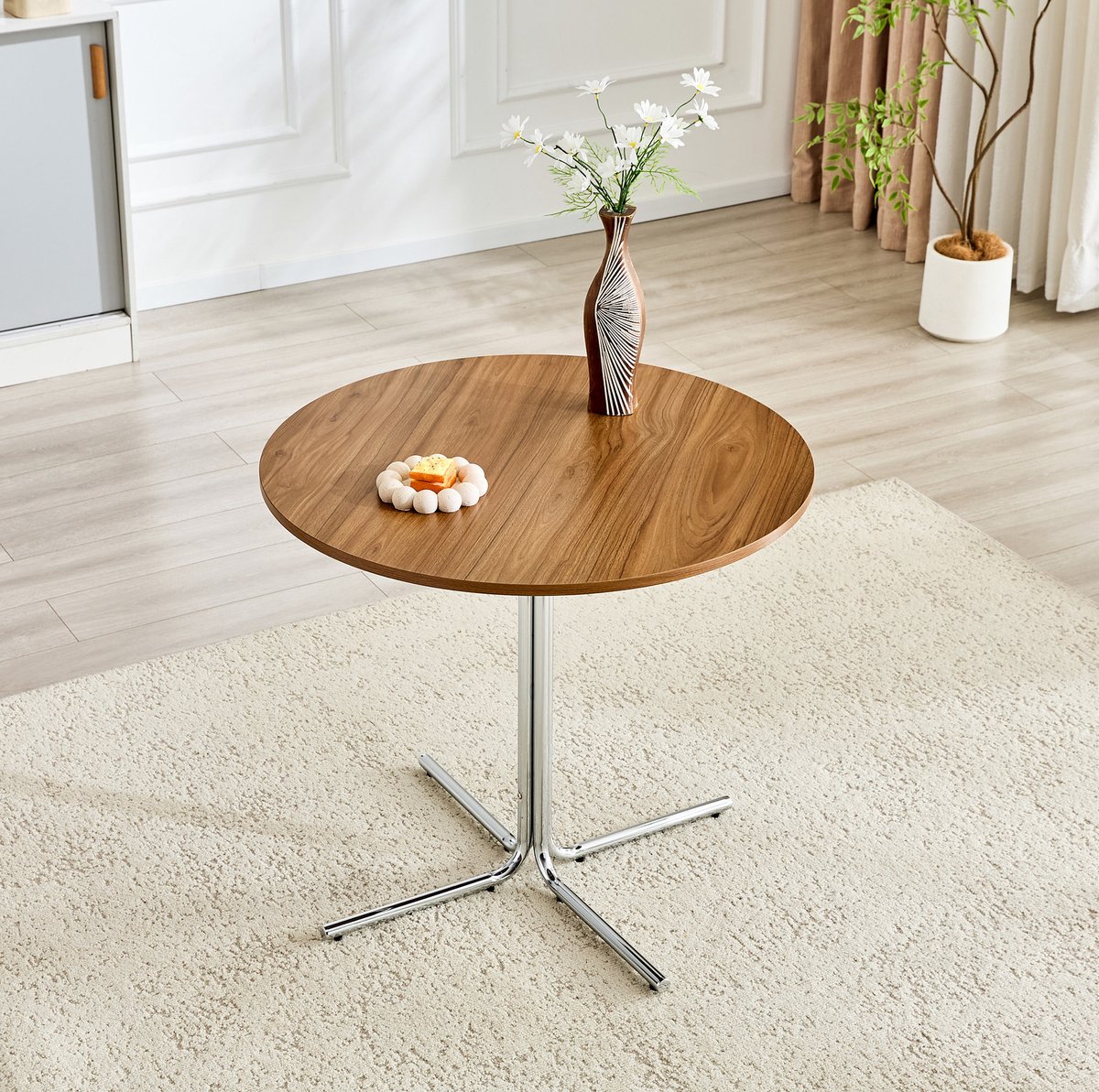 Tafel Ronde Moderne Eettafel Van Walnoot MDF Met Verchroomd Driepoot Metalen Onderstel 85 Cm Rond 76 Cm Hoog