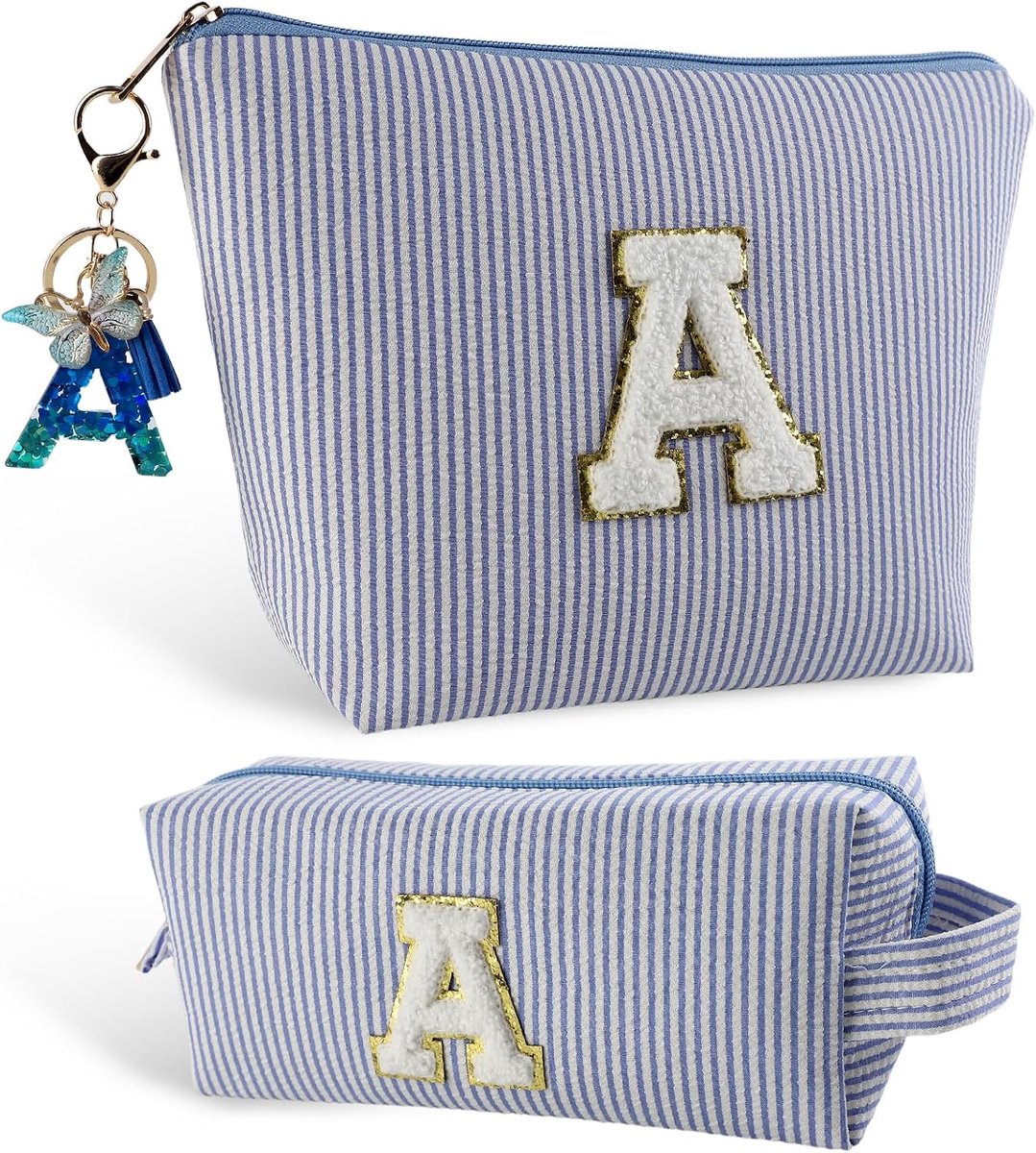 Make-up tas met sleutelhanger - blauw - gepersonaliseerd - uniek cadeau voor vrouwen - SnelShoppen