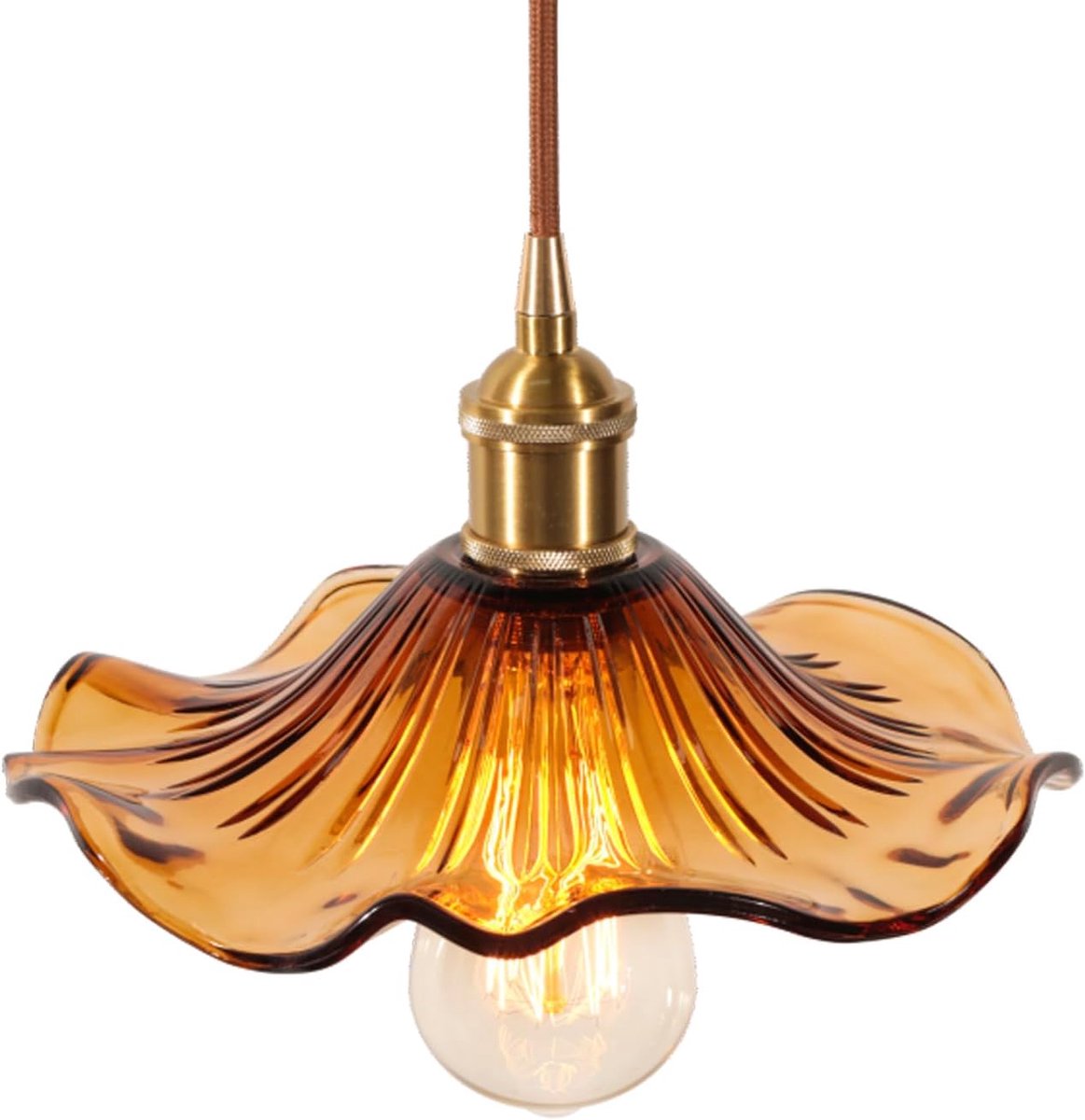 Hanglamp glas 22,5 cm - amber bloem - vintage messing - ideaal voor woonkamer - SnelShoppen