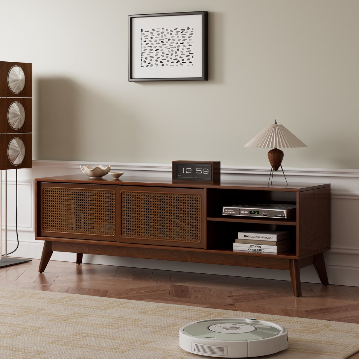 STILVORA Tv Meubel - Met Rotan Deuren En Open Vakken - Voor Woonkamer En Hal - Walnoot - 150x40x50 Cm Walnut