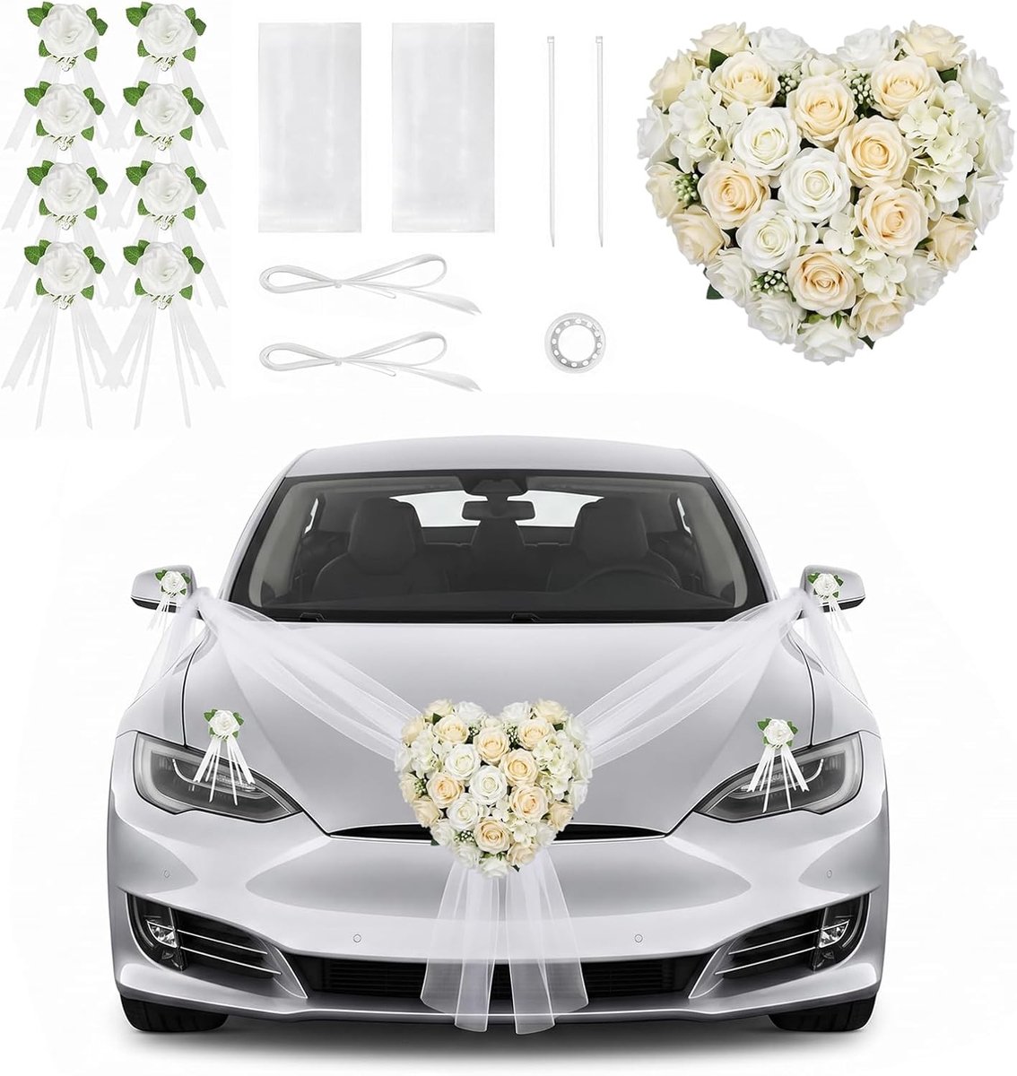 Autodecoratie bruiloft hartvorm - wit met rozendecoratie - sterke zuignap - onvergetelijke bruidsauto - SnelShoppen