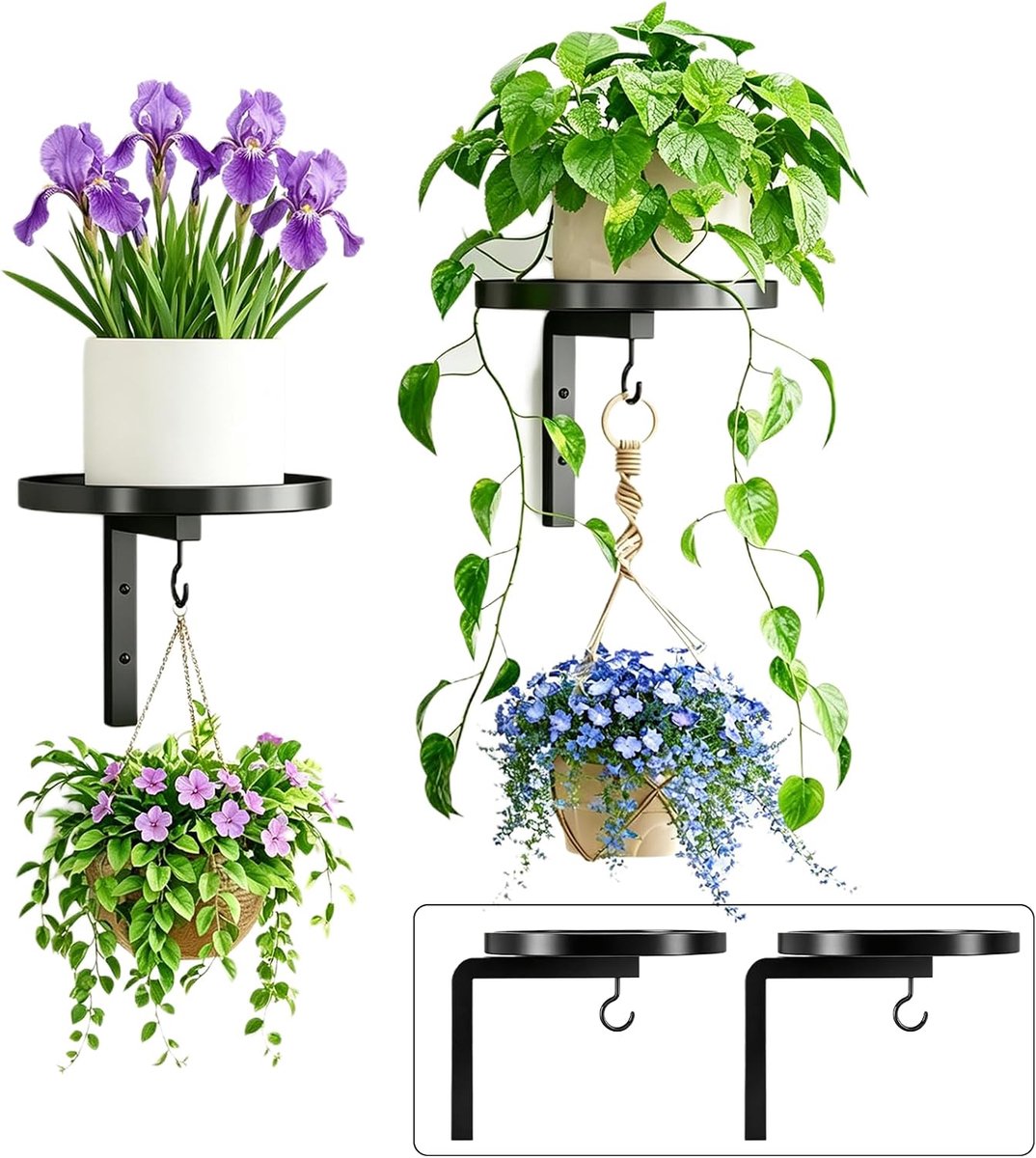 2-delige wandplantenhouder - metalen plantenstandaard - zwart - ideaal voor woonkamer en keuken - SnelShoppen