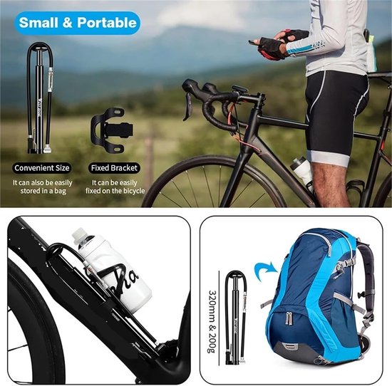 Fietspomp met Manometer - Luchtpomp Fietsbanden - Fietsbanden Oppompen - Hoge Druk 160PSI - 32 cm - Zwart — afbeelding 5