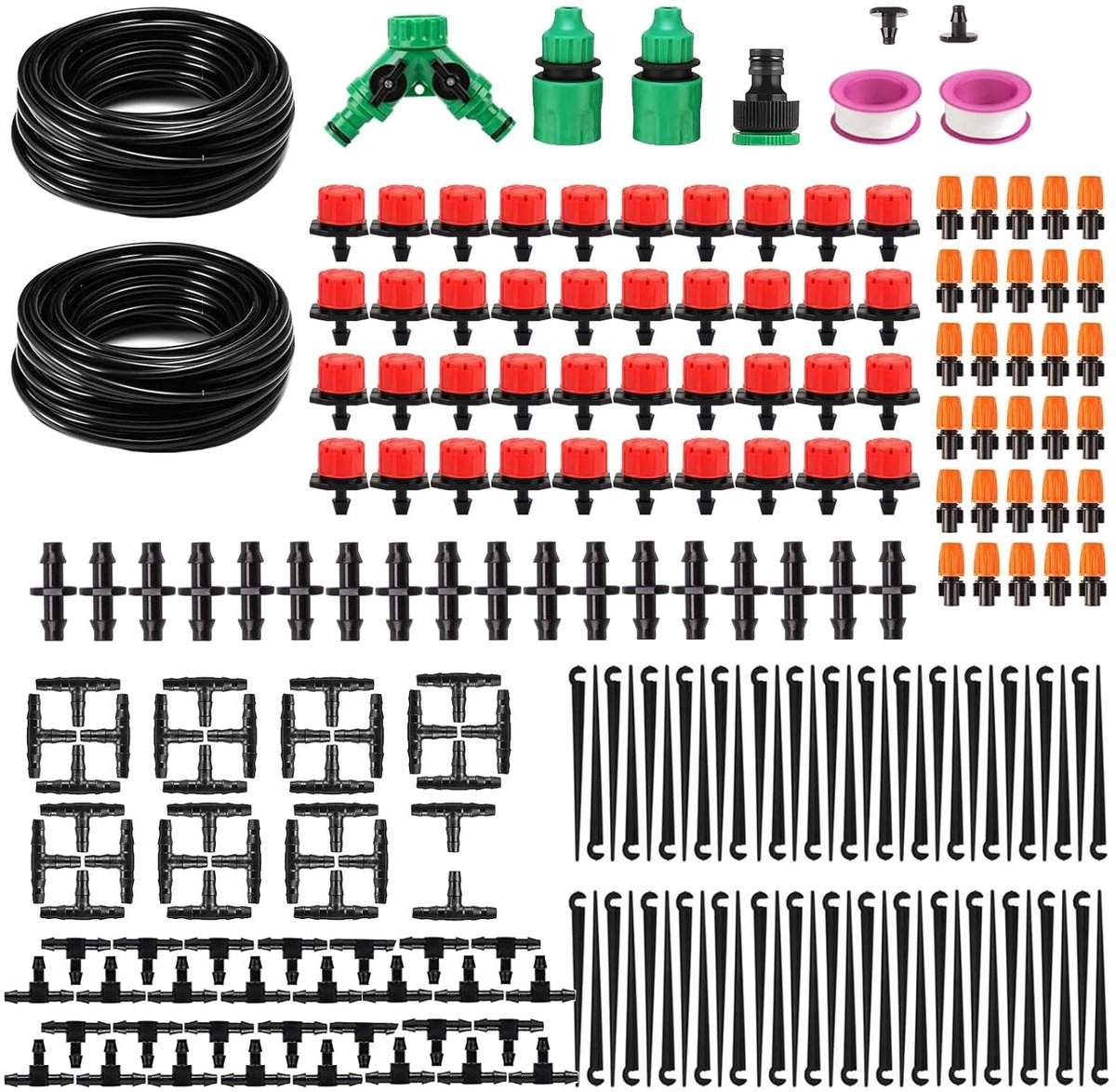 SnelShoppen - Tuin Irrigatiesysteem - 2x 20m Drip Irrigation Hoses - 220 Onderdelen - Micro Drip Systeem voor Tuin, Serre, Terras - Eenvoudig te Insta