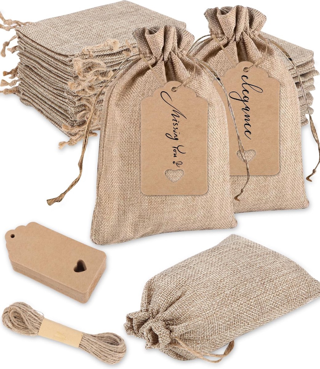 Jute zakjes 7 x 9 cm - onbedrukt met trekkoord - handgemaakt - voor sieraden en cadeaus - SnelShoppen