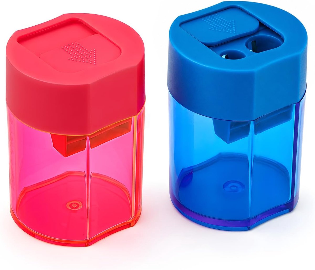 Puntenslijper met houder - 2 stuks - neonroze en blauw - handmatige slijper voor potloden - SnelShoppen