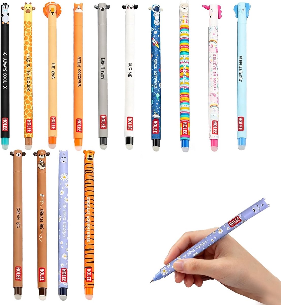 Wisbare Gelpennen 0.7mm Zwart - 14 Stuks met Thermo Inkt - Schattige Dierontwerpen - Ideaal voor School en Kantoor - SnelShoppen
