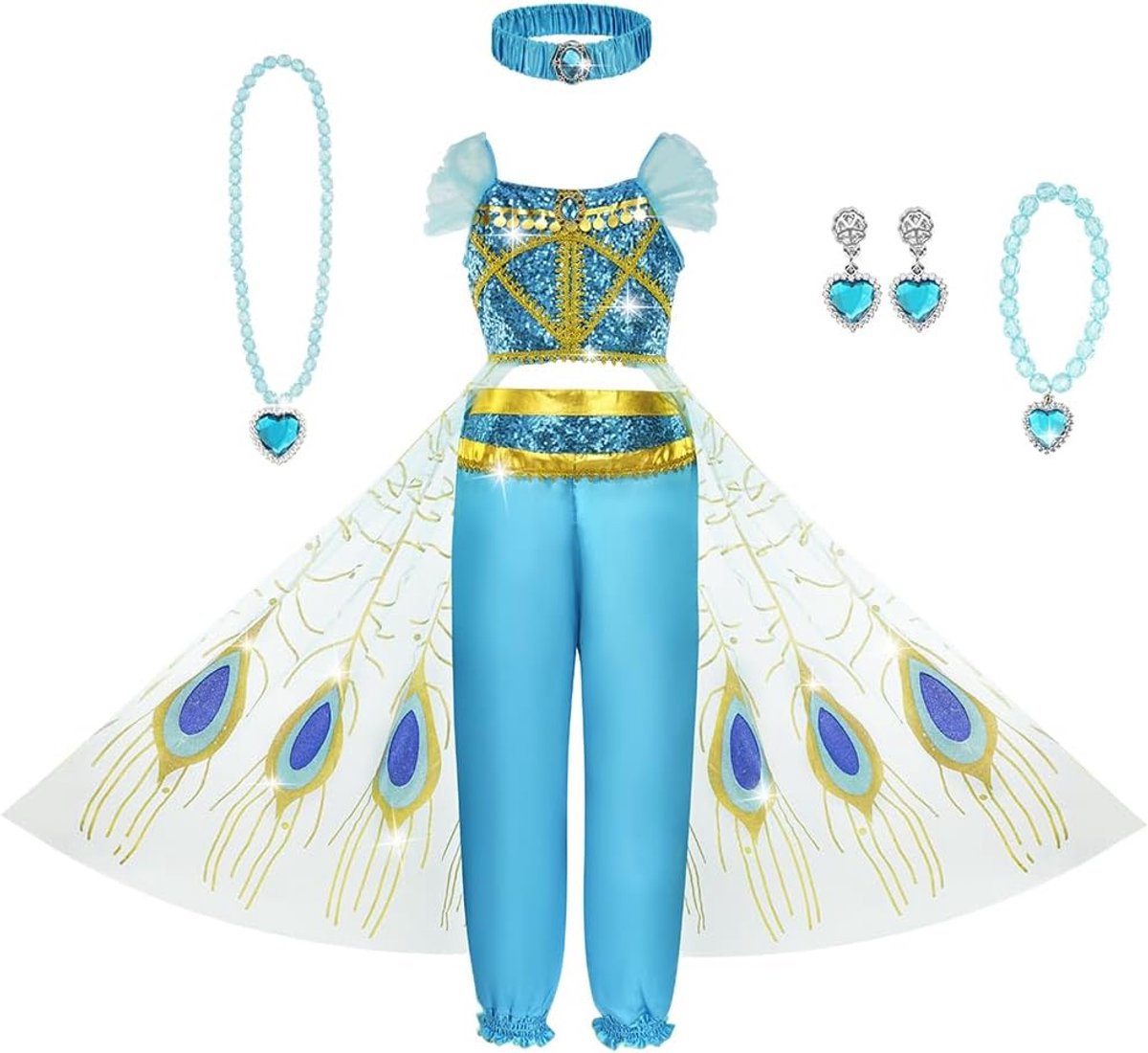 Thijox - Meisjes Jasmijnkostuum - 7-delige Jasmijnjurk voor Feestjes - Luxe Kleding voor Kinderen - Perfect voor Carnaval, Verkleedpartijen, en Themaf