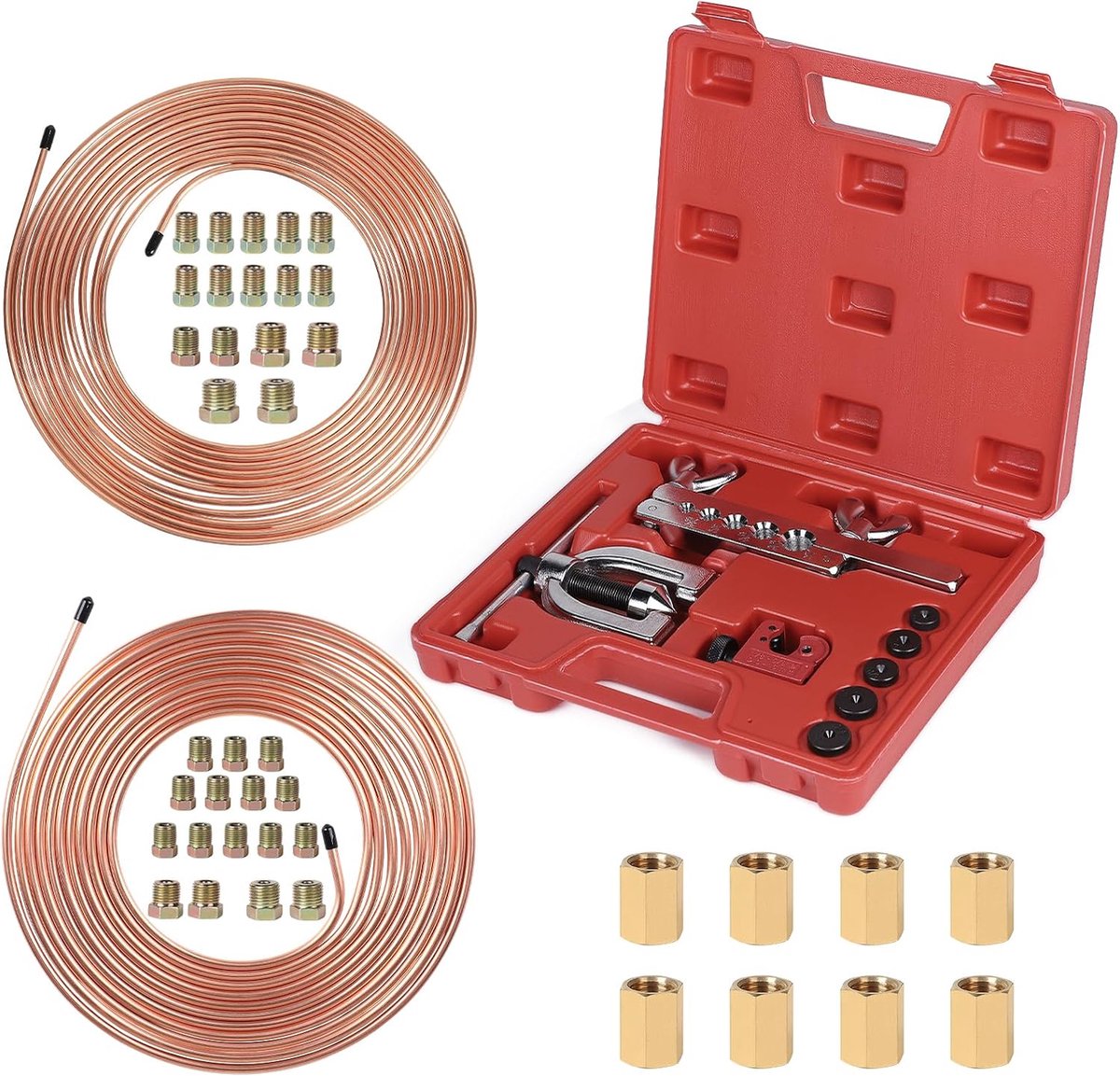 Remleidingen set 7,6 m Ø 4,8 mm / Ø 6,4 mm - Gietijzer met pijpensnijder - 32 schroefconnectoren en 5 adapters - SnelShoppen