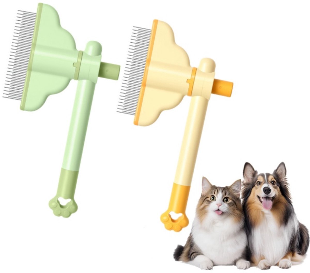 2er Set Haustierbürste mit Drehbarem Bürstenkopf – Fellpflegekamm für Hunde, Katzen und Kaninchen – Entfernt Verfilzungen und Lose Haare – Ergonomischer Griff – Massagebürste mit Selbstreinigungsfunktion – Groen + Geel