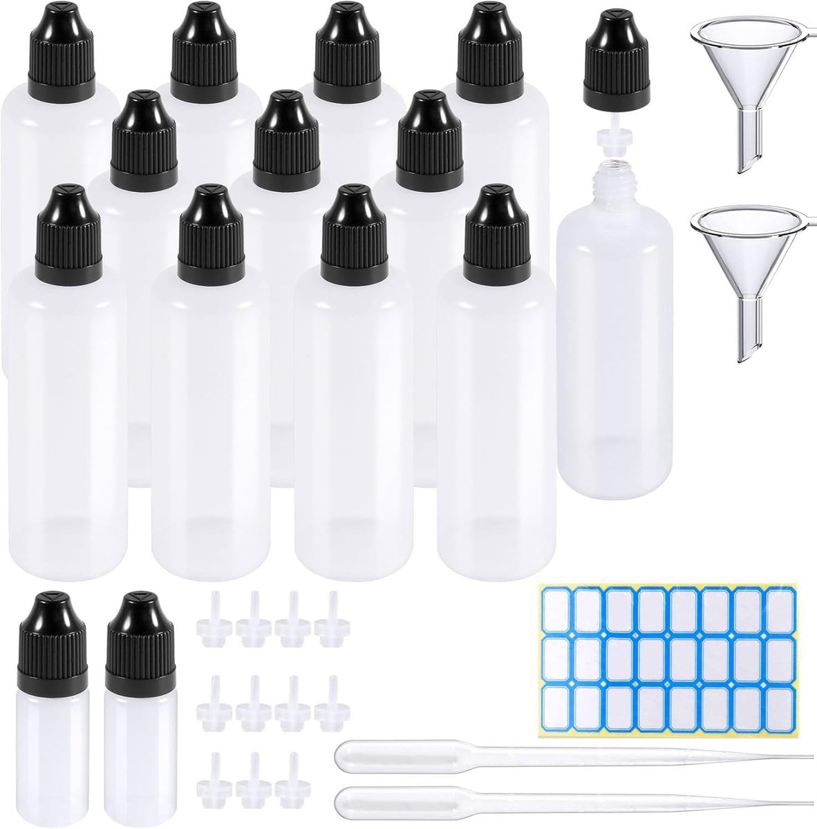 Druppelflessenset 12 x 100 ml - kunststof - met kinderveiligheidsdeksel - SnelShoppen