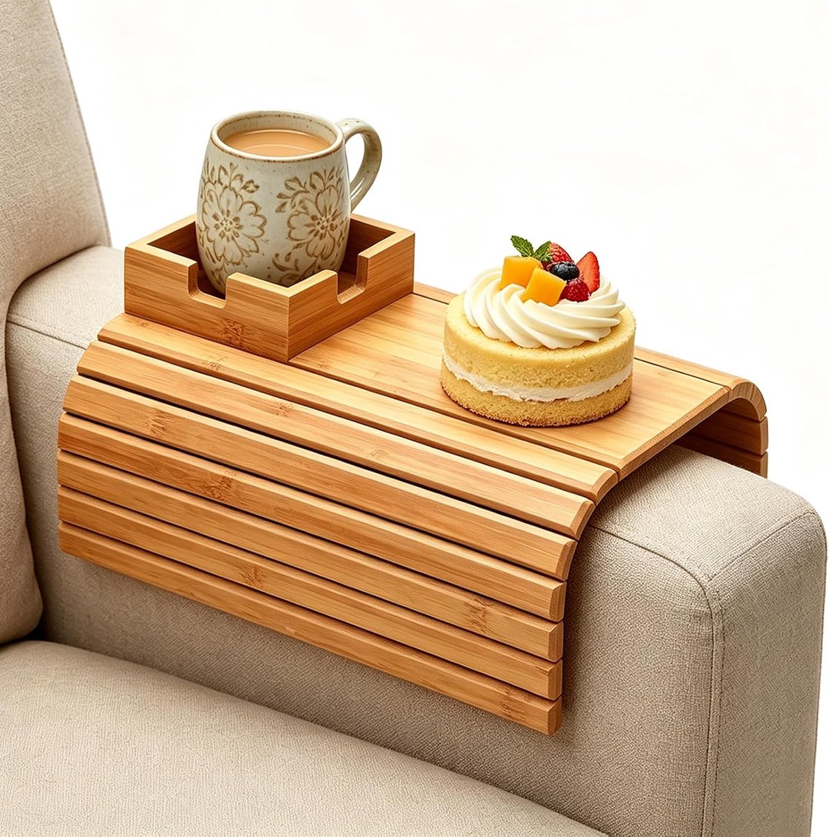 Sofa-dienblad met armleuning - bamboe - antislip - ruimtebesparend gebruik voor snacks en dranken - SnelShoppen