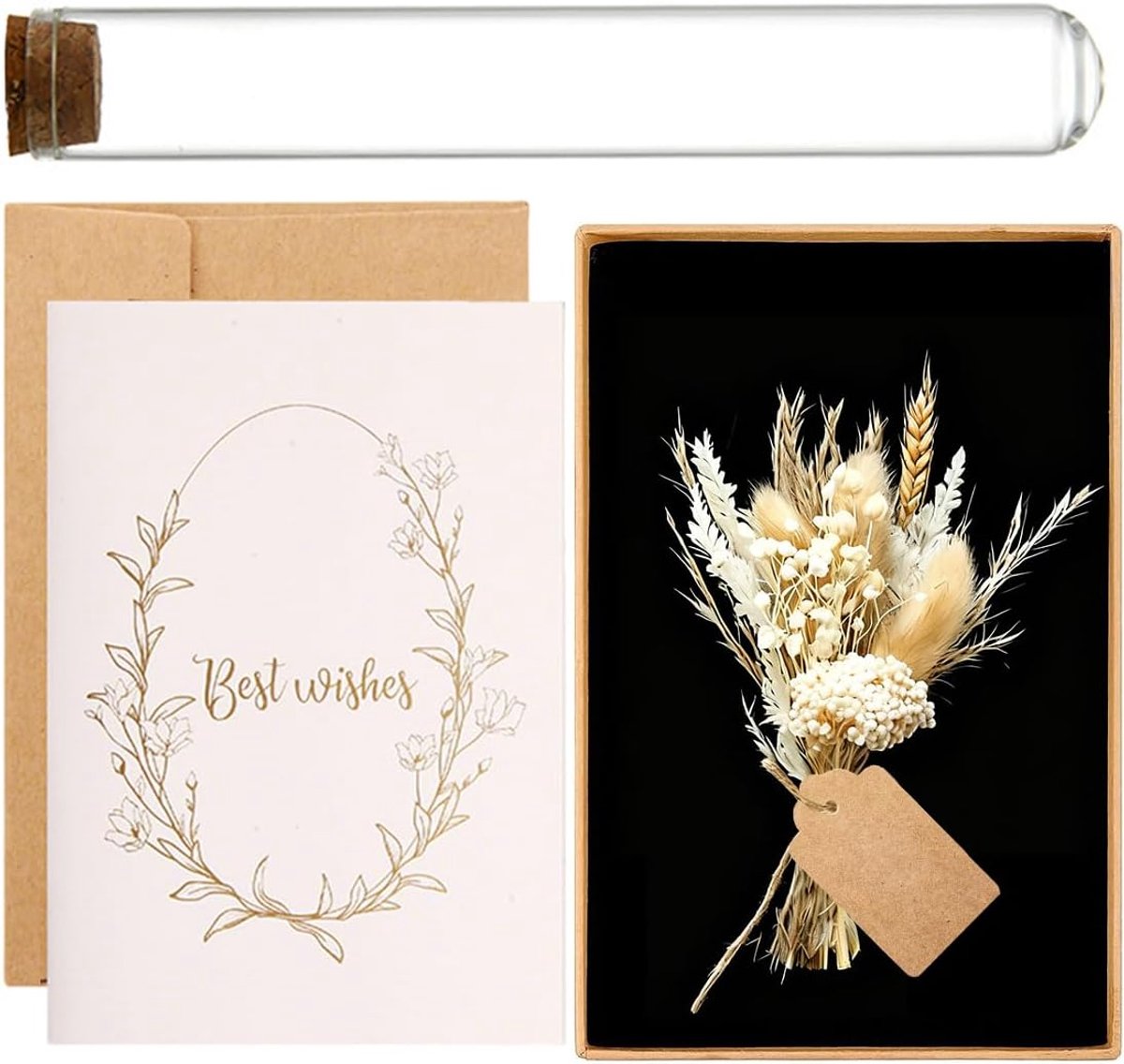 Geschenkdoos mini-boeket 12x16 cm - gedroogde planten - wenskaart en reageerbuisjes - SnelShoppen