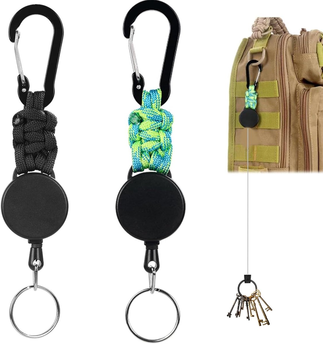 Retractable keychain 70 cm - camouflage groen-zwart - met karabijnhaak - altijd je sleutels binnen handbereik - ShopVlot