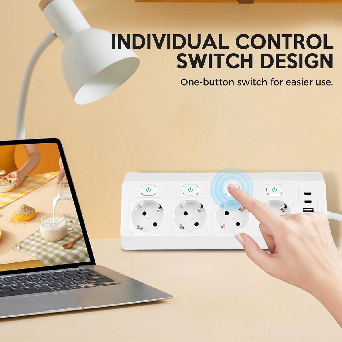 Hoekstopcontact 8-in-1 - 4-voudige stekkerdoos - 2 USB-A & 2 USB-C poorten - Gelijktijdig opladen van apparaten - ShopVlot