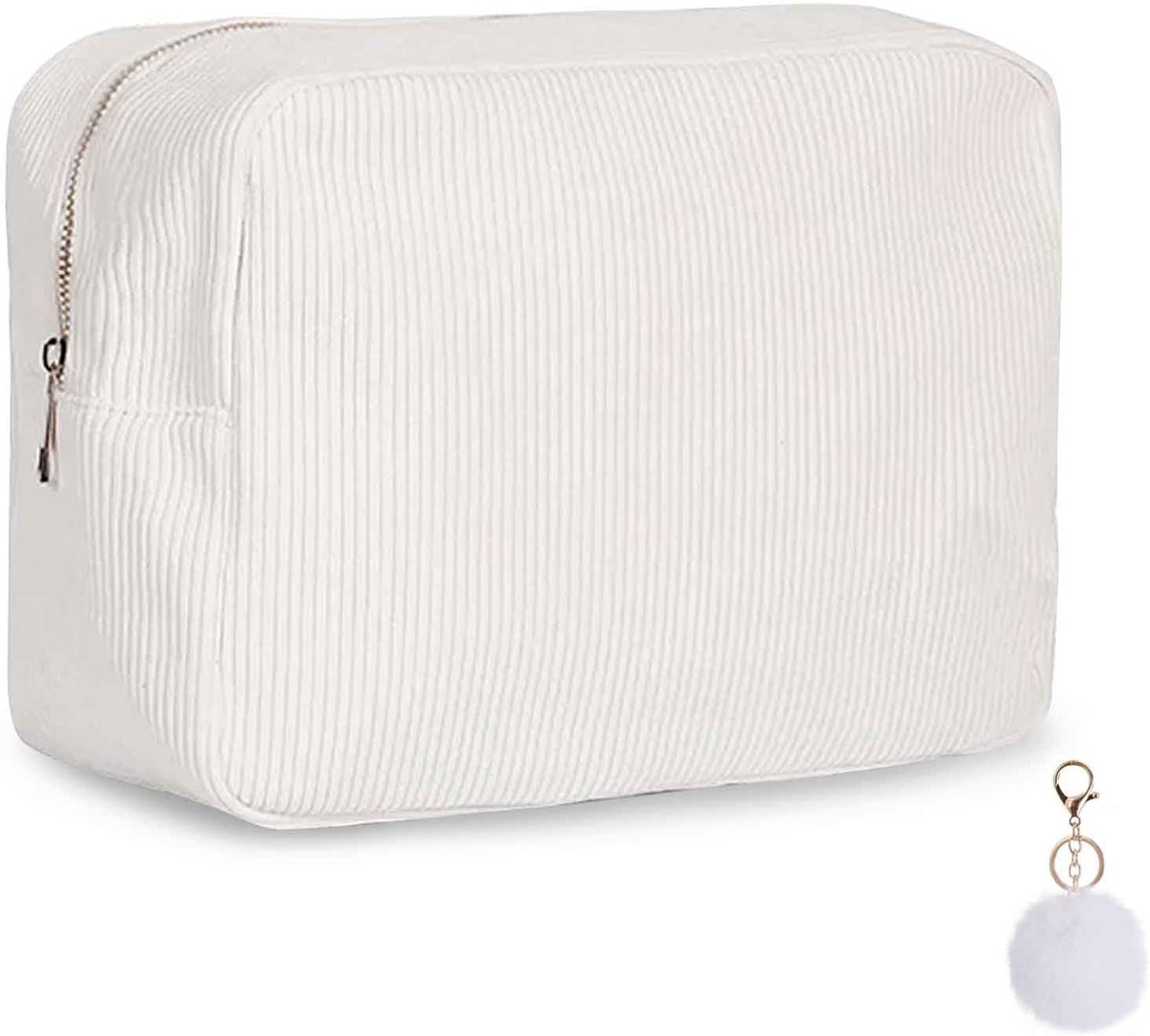 Make-up tas met pluche ornament - corduroy cosmetica portemonnee - schattig en waterproof - ideaal voor op reis - ShopVlot