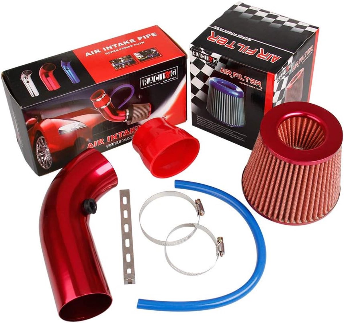 Luchtinlaatfilter 3" - Aluminium pijp - Rood - Verhoogt motorprestaties - ShopVlot