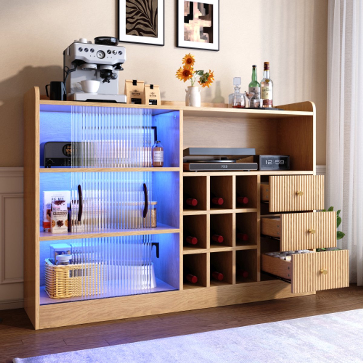 Retro Wijnkast met LED Verlichting 120 cm - Dressoir Hout met Glazen Schuifdeuren & Wijnrek - Multifunctionele Buffetkast & Dressoir Kast - Natuurlijk Hout (120x30x85 cm)
