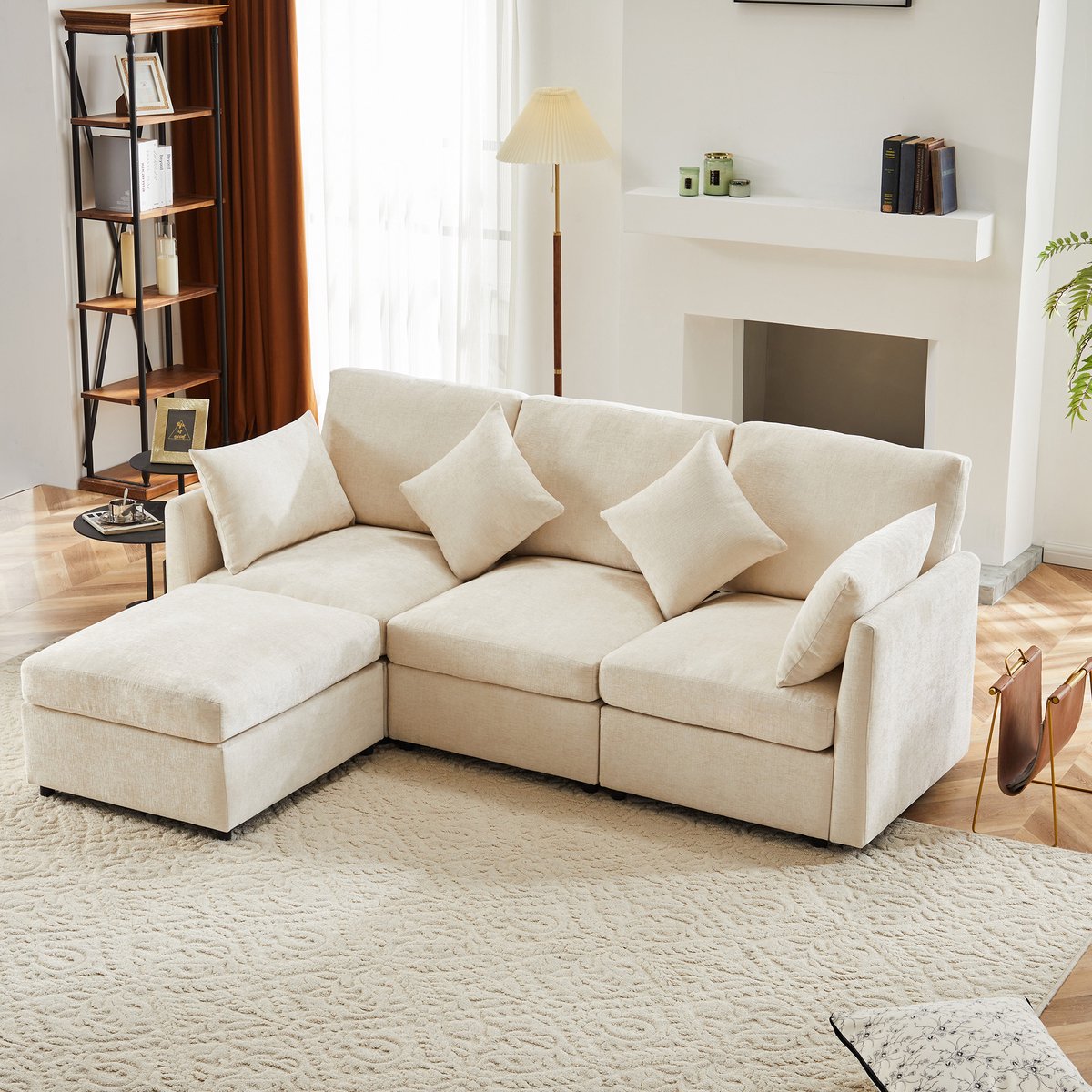 MEUNIQ modulair L-vormig hoekbank in beige chenille, met verplaatsbare hocker, 4 kussens en 3-4 zitplaatsen voor woonkamer of appartement