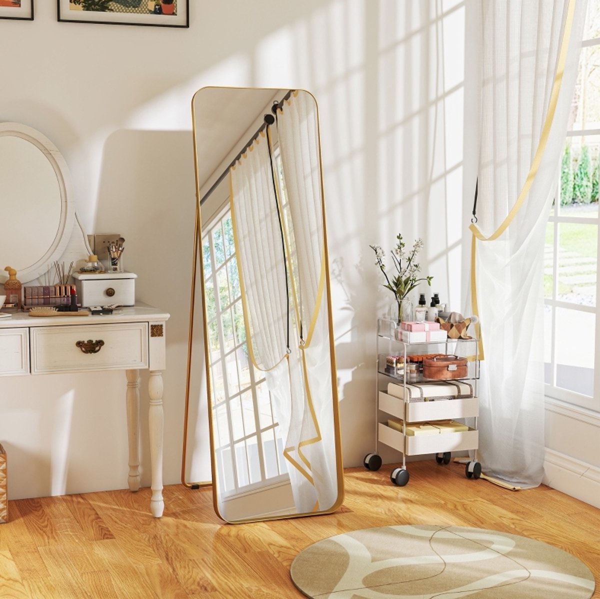 Staande Spiegel 160 x 50 cm Goldkleurig Metalen Frame MDF Neigbaar Rechthoek Voor Binnen Elegante Ganzspiegel