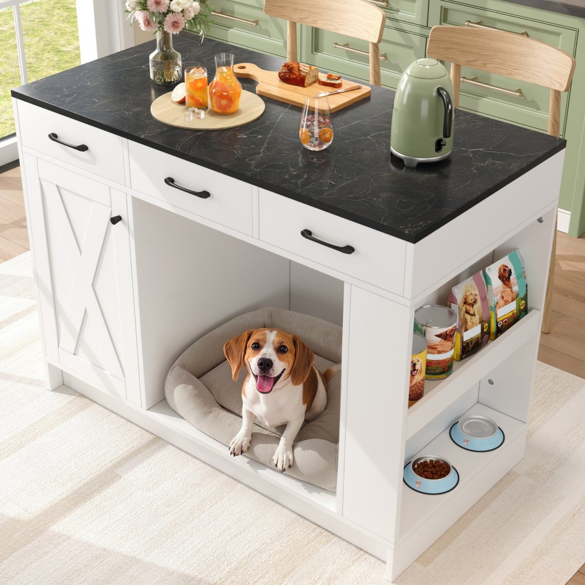 MODFU - Keukeneiland - 3 Lades - Kruidenrek - Verstelbare Legplank - Wit - 120 X 60 X 90 Cm