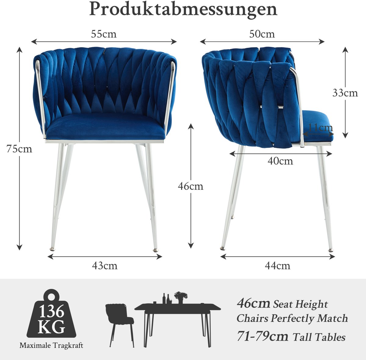 FloraGrace Eetkamerstoel Set Van 2 - Fluwelen Stoelen Met Armleuningen En Opengewerkt Design - Voor Eetkamer Keuken Of Woonkamer - Metaal - Navy