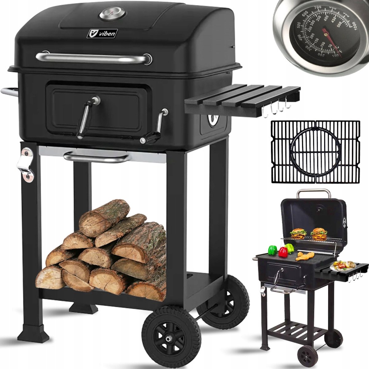 Grote Kolen BBQ met Deksel, Thermometer & Aslade - Gietijzeren Rooster