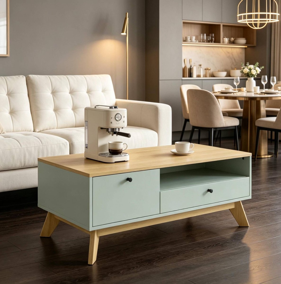 STILVORA Salontafel - Rechthoekig Ontwerp Met Lade, Deur En Open Vak - Voor Woonkamer - MDF - Lichtgroen En Eiken - 100x50x40 Cm