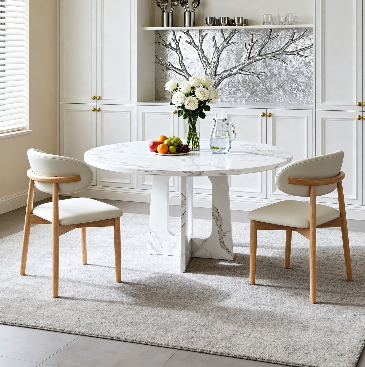 FloraGrace Ronde Eetkamerset Voor 4 Tot 6 Personen - 1 Tafel En 2 Stoelen - Wit Marmerlook - Modern - MDF En Eikenhouten Poten - White