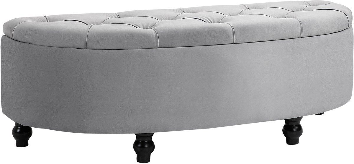 Opbergbank - opbergdoos - halve cirkel - bedeinde met fluwelen bekleding - poten van rubberhout - 120 x 46 x 42 cm - grijs