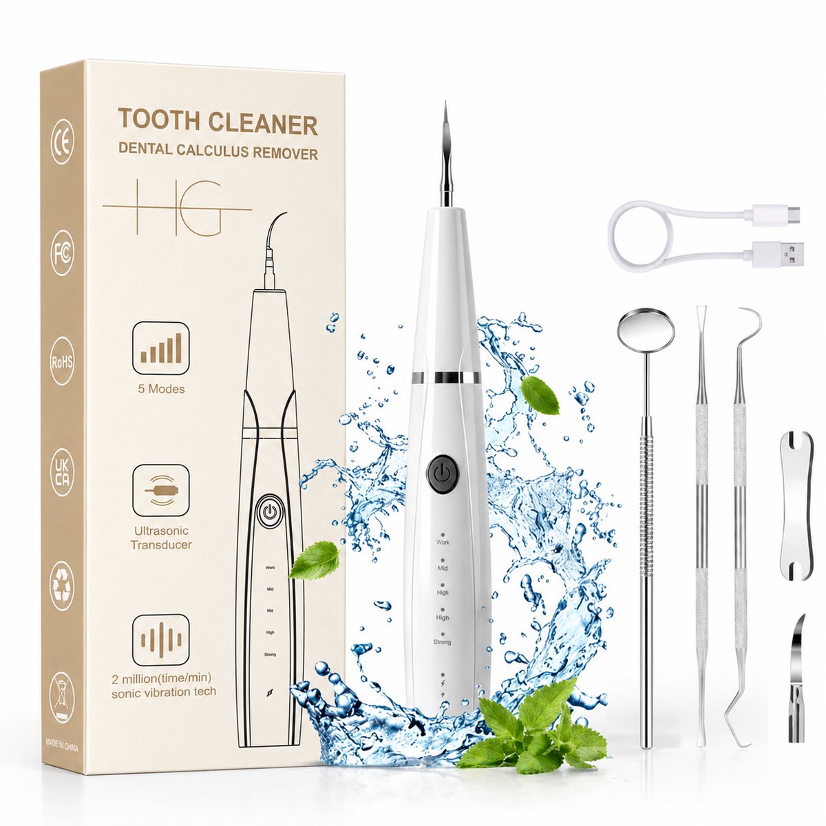 HG Aesthetics Elektrische Sonische Tandsteen Verwijderaar - Tandplak verwijderen - Mondverzorging - Witte tanden - Wit