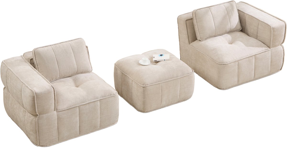 OKWISH Hoekbank 198 x 162 x 67 cm - Modulaire 2-Zits Met Hocker En Diepe Zitting - Voor Woonkamer Of Appartement - Polyester - Beige