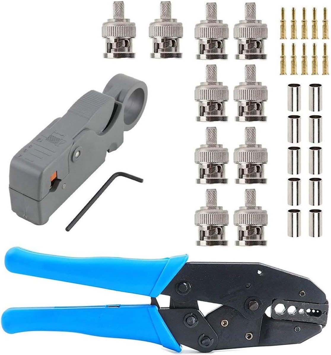 Coaxiale kabel stripper en kniptang - Voor RG6 RG58 RG59 RG62 - Inclusief 10 BNC plug crimp connectors - ShopVlot