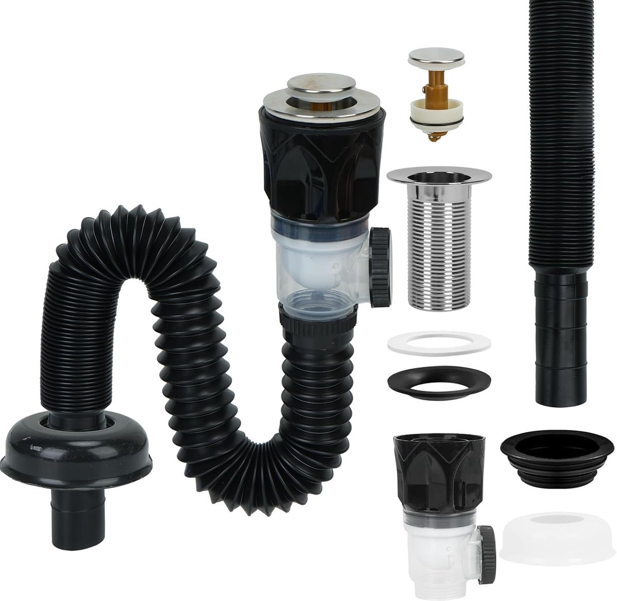 Afvoerputset met geurremmende afvoerpijp - Sink set met pop-up afvoer en uittrekbare slang - 230-800mm, zwart - ShopVlot