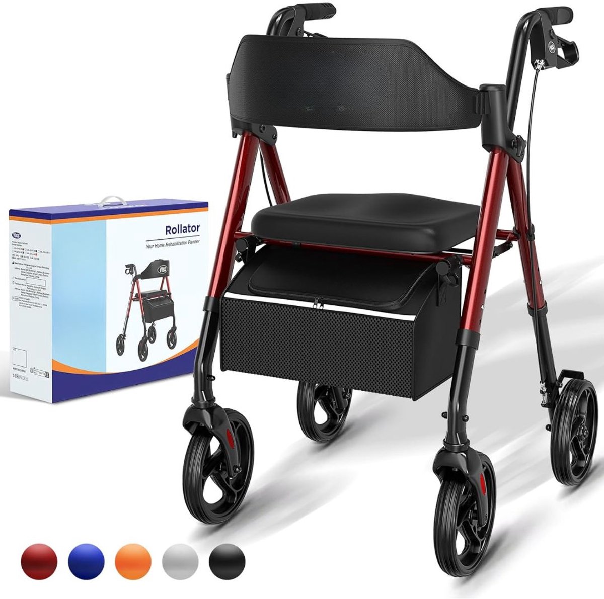 Lìon® Rollator - Opvouwbare Rollator - Rollators Binnen en Buiten - Donkerrood - 58cm x 58cm x 83cm