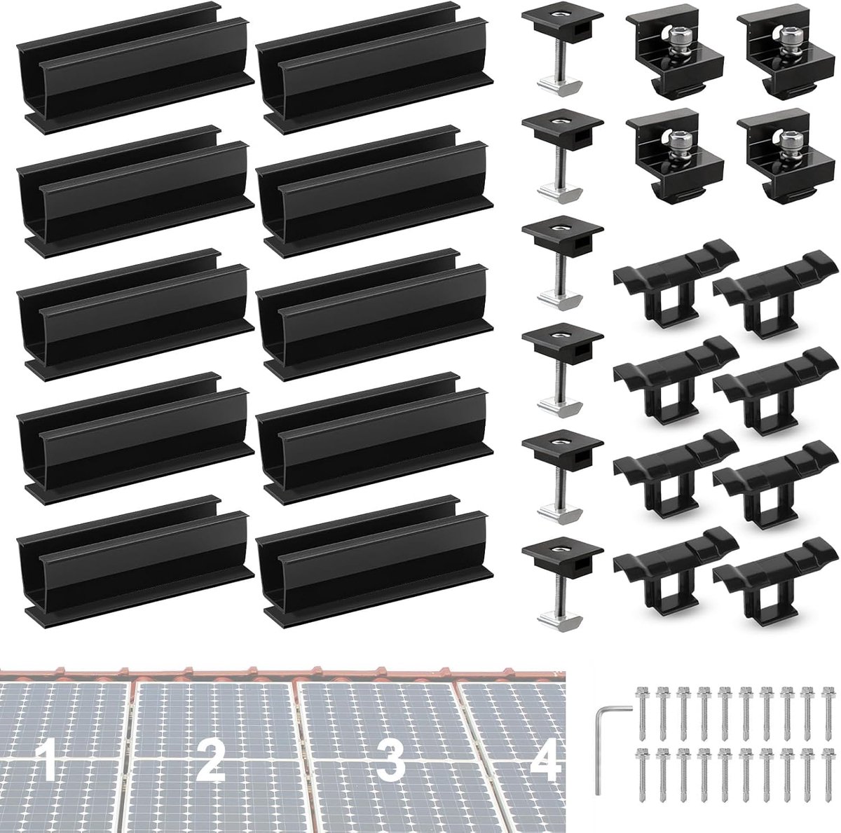 Solar panel montagekit 12 cm - zwarte rails - inclusief klemmen - geschikt voor plat dak - ShopVlot