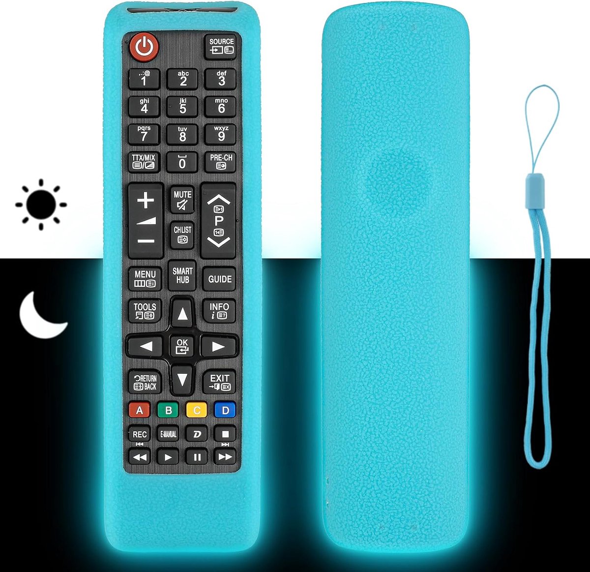 TV afstandsbediening hoes - silicone - schokbestendig - met nekband fluorescerend blauw - ShopVlot