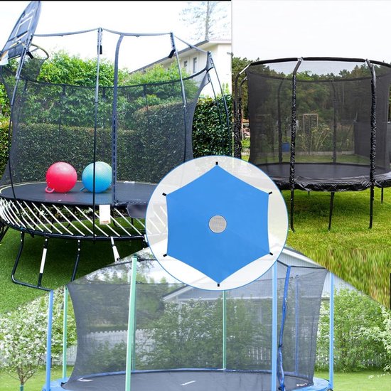 Collage van trampolines met een blauw zonnescherm, waaronder een met rode en blauwe ballen.