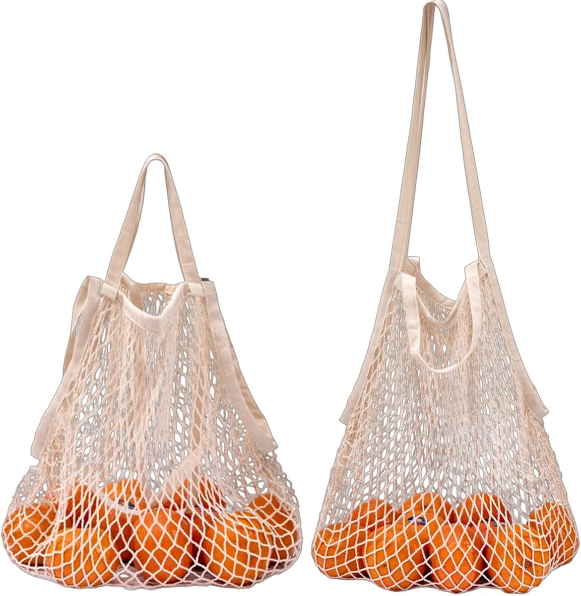 Shopping bag katoen net – Vouwbare herbruikbare tas 42x38cm – Beige net met lange handvatten – Ideaal voor groenten - SnelShoppen