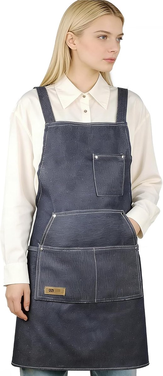 Schort unisex denim - blauw - met zakken - ideaal voor barbecue - SnelShoppen