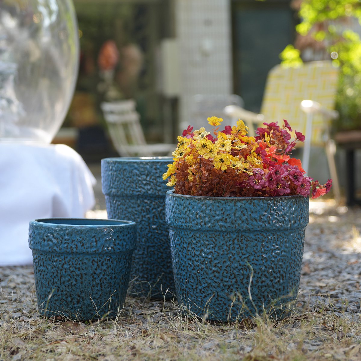 Bloempot Set Met Drainagegat 3 Delig Ø 38,1 30,5 22,9 Cm Keramiek Antiek Blauw Rond Voor Binnen En Buiten Vorstbestendig Handgemaakt