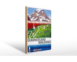 Holzschild Reise 30x40 cm Glarnerland Walensee Berge Tal Deko Schild