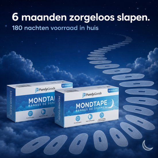 Twee dozen PurelyGoods MOND TAPE BANDES DE SOMMEIL 90 stuks/pcs. Een pad van 90 mondtape pleisters loopt over een pad van wolken.