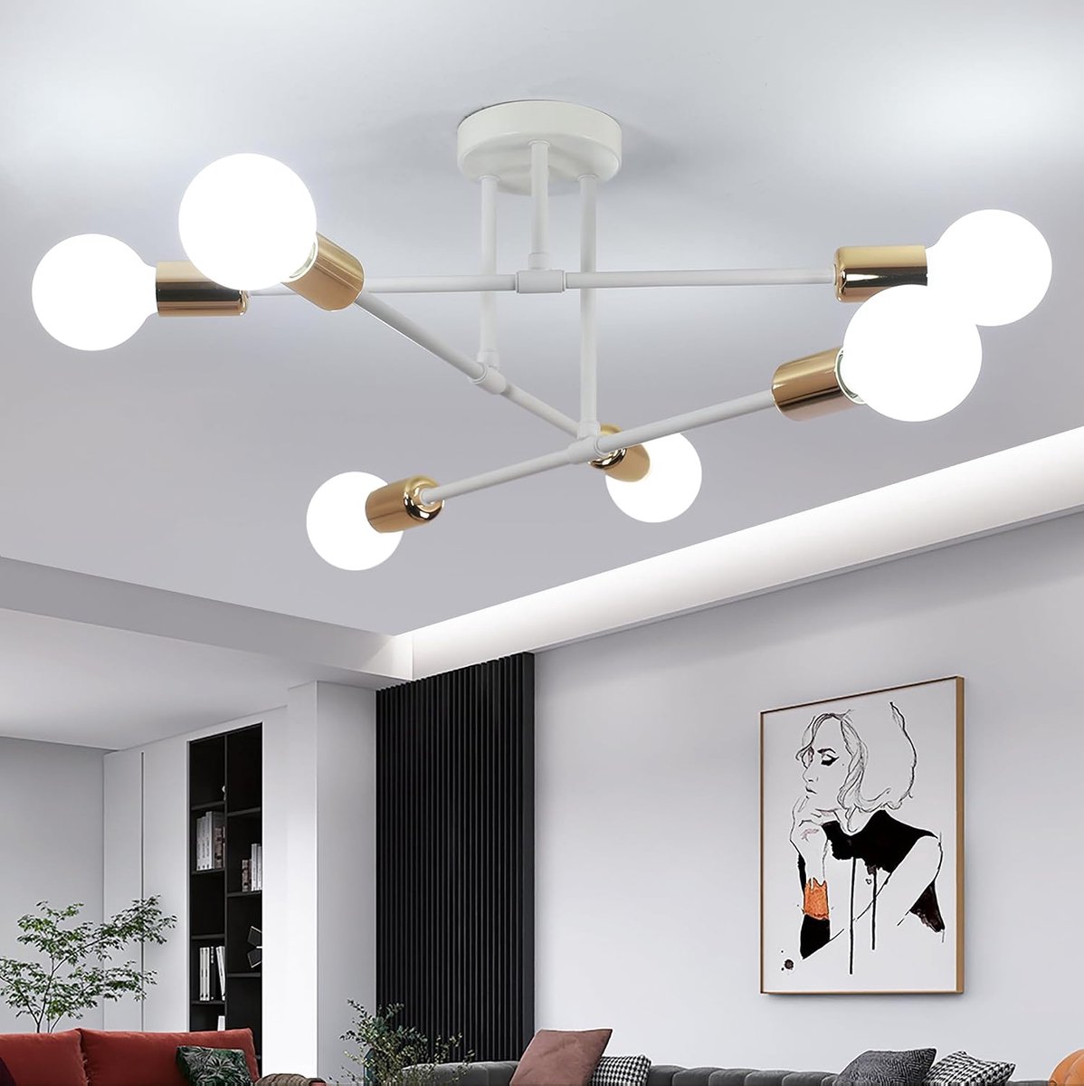 6-koppige plafondlamp vintage, goud, E27