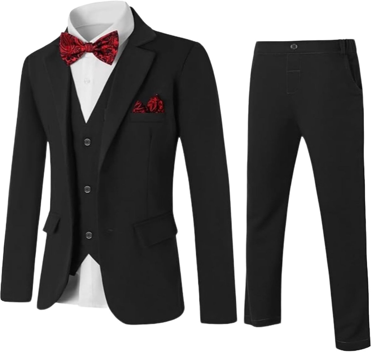 5-delig klassiek slim fit bruiloftspak set gentleman smoking jas + vest + blouses + vlinderdas + broek outfit kinderverjaardagsfeest doopkleding, zwart, 8-9 Jaar