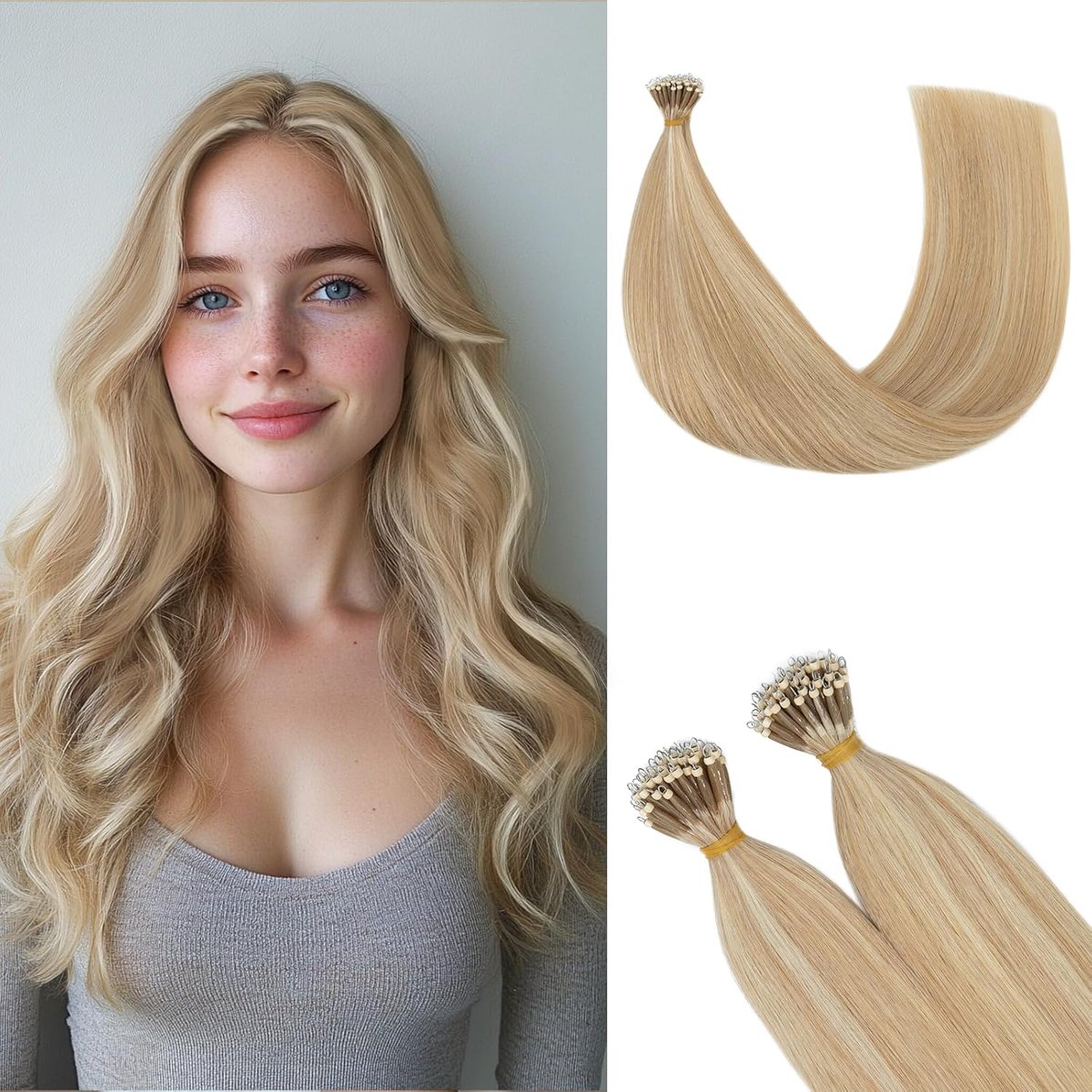 Choices Extensions van echt haar, nano-bondings, 35 cm, #18/613 balayage, blond, nano-ring-extensions, echt haar, onzichtbare haarverlenging, nanoring, strengen, Remy menselijk haar, 50 strengen