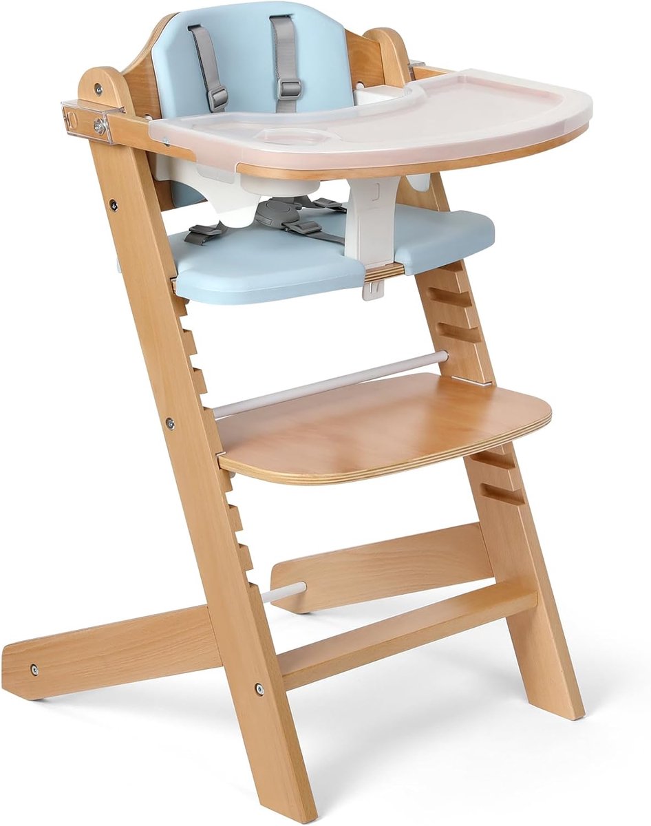 Natuurlijke houten kinderstoel voor baby's en peuters, 3 verdiepingen, uitneembaar en 2 verstelbare planken, 8 verstelbare kinderstoelen met kussen, gemakkelijk te reinigen (blauw)