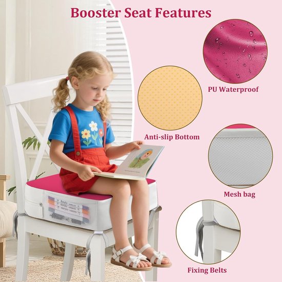 Stoelen voor kinderen, voor op tafel, 4-punts verankering, 9,6 cm, verhoging voor peuters aan de eettafel met zijzakken, antislip en draagbaar zitkussen voor kinderen (roze) — afbeelding 4
